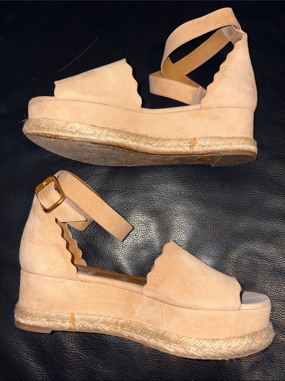 Chloe Beige Suede Scalloped Trim Lauren Ankle Wrap Flatform Espadrille Sandals